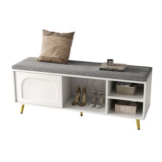 Meuble à Chaussure Blanc Avec Banc Avec 2 Portes Coulissantes Et Coussin Gris