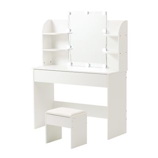 Ensemble Coiffeuse Maquillage Et Tabouret Blanc LED 10 Ampoules – Miroir à 3 Faces, Grand Rangement