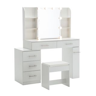 Ensemble Coiffeuse Et Tabouret Blanc Miroir LED 10 Ampoules, 3 Tiroirs Modulables Et Étagères
