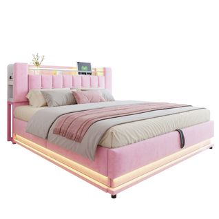 Lit Adulte 180x200 Cm Avec Coffre Rangement, LED, Ports USB, Velours Rose