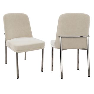 Lot De 2 Chaises Velours Beige, Siège Épais Rembourré, Cadre Métal Argenté, Design Minimaliste