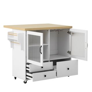 Desserte à Roulette Blanche Et Bois Extensible, Îlot De Cuisine Avec 3 Tiroirs Et 2 Portes En Verre