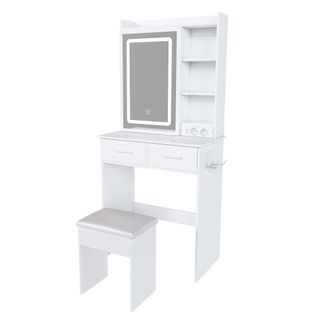 Coiffeuse Et Tabouret 60x36x136 Cm Blanche Avec LED Réglable, 2 Tiroirs, 2 Ports USB
