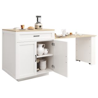 Meuble Bar, Îlot Extensible 133-202×70×93,5 Cm Avec 2 Tiroirs Et 2 Niches, Bois Blanc, Roulettes