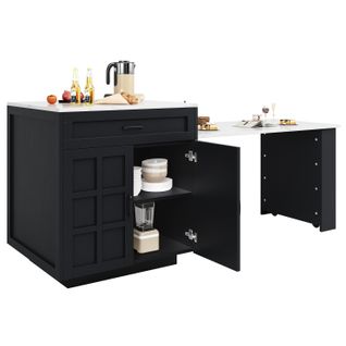 Meuble De Bar, Îlot Table Extensible 133-202×70×93,5 Cm, Effet Marbre, Avec Rangements, Noir