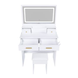 Coiffeuse + Tabouret Blanc 80x137x40 Cm Avec Miroir XXL 75x48 Cm, LED 3 Couleurs, 4 Tiroirs, Prise