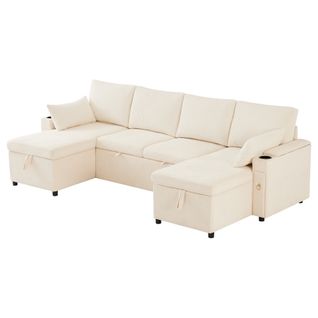 Canapé D'angle Convertible En U 4 Places, 2 Coffres De Rangements Et Porte-gobelets, Tissu Beige