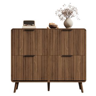 Meuble à Chaussures Couleur Bois 105 X 24 X 90 Cm, Style Scandinave, 4 Portes, 2 Niveaux