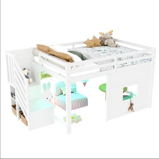 Lit Mi-haut Enfant 140x200 Cm Bois Blanc Avec LED, Escalier, Fenêtre Et Rangements