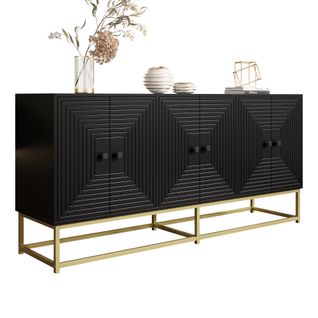 Buffet 160 X 38 X 75,5 Cm, Noir Mat, 3 Doubles Portes Avec Rangements, Pieds Métal Doré