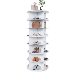 Meuble à Chaussures Tournante 360° En Bois Blanc, 7 Niveaux Pour 28 Paires, 60 X 60 X 161 Cm