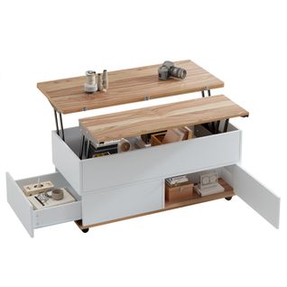 Table Basse Relevable Extensible Blanc Et Bois Naturel, Avec Rangements Et Roulettes Pour Salon