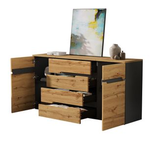 Buffet Bois Et Noir 160x40x80 Cm Avec 2 Portes Et 4 Tiroirs, Rangement Salon Et Entrée