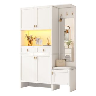 Vestiaire D’entrée Blanc 180 Cm Avec Miroir, LED Réglable, 5 Portes Et 2 Tiroirs