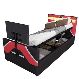 Lit Simple Coffre 90x200 Cm Pu Noir Avec LED Et Support TV, Avec Rangements