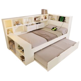 Lit Enfant Gigogne 90x190 Cm Bois Blanc Avec Étagères, Rangements Et Ports USB/type-c