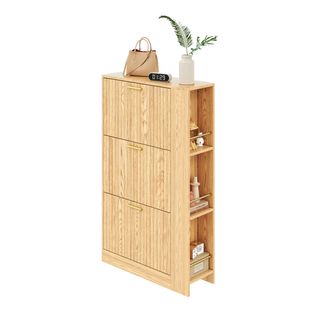 Meuble à Chaussures 3 Portes 70x23,5x115 Cm Avec Étagères Ouvertes Bois Naturel