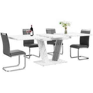 Ensemble Salle à Manger Table Extensible 120/160 Cm Blanche Effet Marbre Et 4 Chaises Simili Noir