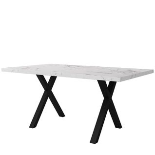 Table à Manger Rectangulaire 140x80x76 Cm, Plateau Effet Marbre Blanc, Pieds Croisés En Métal