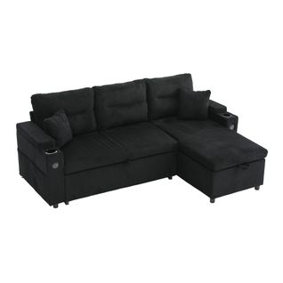 Canapé D'angle Convertible 3 Places En Velours Côtelé Noir, Ports USB Et Coffre Rangements