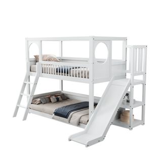 Lit Superposé Enfant 90x200 Cm Avec Toboggan, Étagères Et Rangements, Bois De Pin Blanc