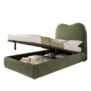 Lit Enfant 90x200 Cm Velours Vert Avec Coffre De Rangement, Sommier à Lattes, Tête De Lit Doux