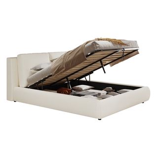 Lit Coffre 180x200 Cm 2 Places, Rangement, Tissu Bouclé Beige, Tête Doux Et Sommier à Lattes