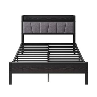 Lit Adulte 140x190 Cm Métal Noir Avec LED, Ports USB Et Rangements, Tête Grise