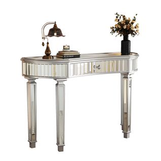 Table Console D'entrée, Coiffeuse 120 Cm Verre à Finition Grise Et Argenté Avec Tiroir
