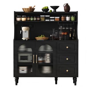 Buffet De Cuisine Haut 138,5 Cm Noir Avec 3 Tiroirs, 2 Portes En Verre Et Ports USB/type-c