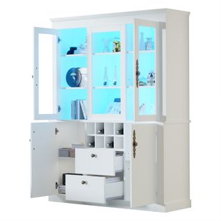 Vitrine LED 130x37,5x170,5 Cm Avec 2 Tiroirs, 4 Portes Et Casiers à Vin, Blanc