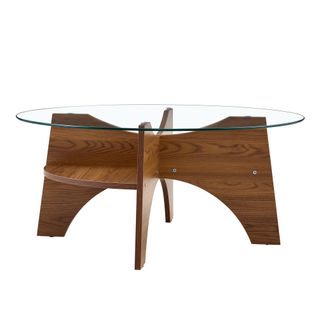 Table Basse Ronde Salon 80x36 Cm, Plateau Verre Trempé, Pieds Effet Bois Noyer
