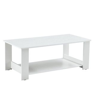 Table Basse 110x55x42 Cm Blanche Aspect Bois, 2 Niveaux De Rangement