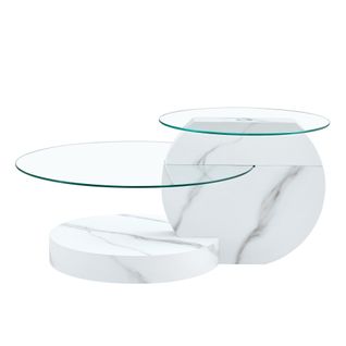 Table Basse Ronde Salon 50cm + 70cm Effet Marbre Blanc Avec 2 Plateaux En Verre Trempé