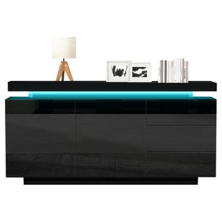 Buffet Laqué Noir 140x35x72,5 Cm Avec 2 Portes Et 3 Tiroirs Et Éclairage LED