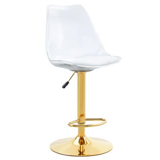 Lot De 2 Tabourets De Bar Réglables Pivotants En Métal Doré, Dossier Transparent, Assise Pu Blanc