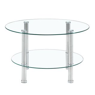 Table Basse 2 Plateaux Ø70/ø60 Cm H42, Verre Trempé Et Métal Argenté