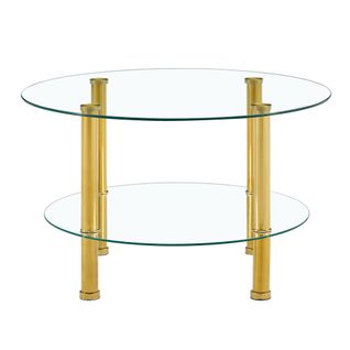 Table Basse 2 Niveaux Ø70/ø60 Cm, Verre Trempé, Pieds Métal Doré