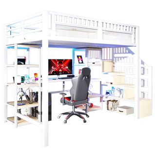 Lit Mezzanine Adulte 140x200 Cm Métal Blanc Avec Bureau, LED Et USB