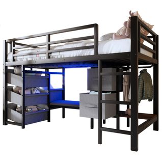 Lit Mi-haut Enfant LED 90x200 Cm En Métal Noir Avec Tiroirs, Rangements Et Banc D’assise