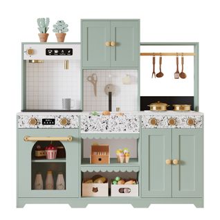 Cuisine Jouet Pour Enfants 30x90x98 Cm, Verte, Bois Et Plastique, Avec Rangements Et Accessoires
