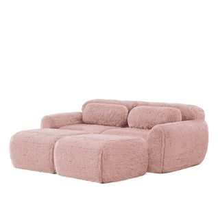 Canapé Modulable 2 Places Avec 2 Ottomans Repose-pieds En Tissu Peluche Rose, Sans Montage