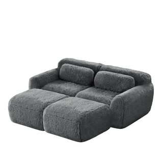 Canapé Compressé Modulable 2 Places Avec 2 Ottomans Repose-pieds En Tissu Peluche Gris
