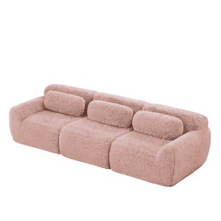 Canapé 3 Places Modulable En Tissu Peluche Rose, Sans Montage, Base Antidérapante