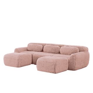 Canapé D'angle Modulable En U 3 Places Tissu Peluche Rose, Base Antidérapante, Sans Montage