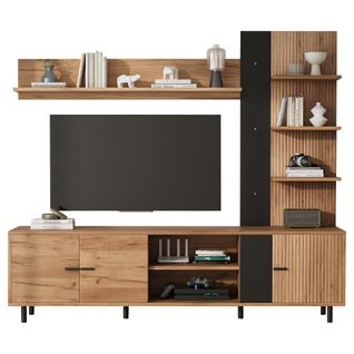 Meuble TV Bois Et Noir Avec Étagère Et Rangement Mural, 3 Portes Et Niches