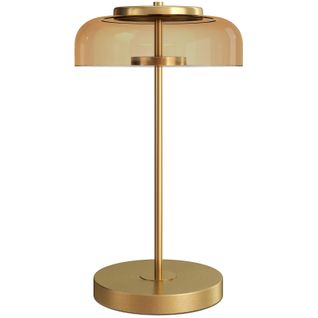 Lampe à Poser De Table LED Ø23 X H40 Cm, Abat-jour Verre Ambre, Socle Métal Doré