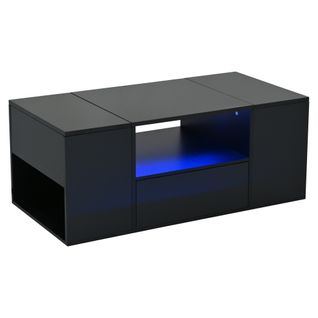 Table Basse Noire Salon 100 X 50 X 40 Cm Avec 1 Tiroir, 2 Portes Et LED, Laqué Noir