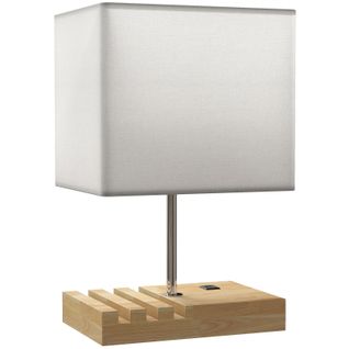 Lampe à Poser 25 X 20 X 40,5 Cm Avec Ports USB-a/type-c, Abat-jour Tissu Blanc, Base En Bois