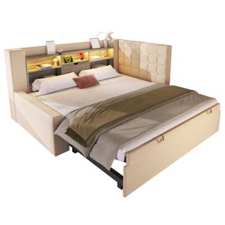 Lit Enfant Gigogne 90x190/200 Cm Extensible 180x200 Cm Avec LED, Ports USB/type-c, Lin Beige